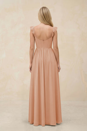 Ruffled Sleeve A - Line Corset Chiffon Bridesmaid Dress in Champagne Rose - SHE IS ME Bridesmaid Dresses