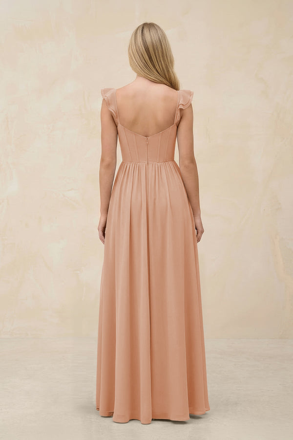 Ruffled Sleeve A - Line Corset Chiffon Bridesmaid Dress in Champagne Rose - SHE IS ME Bridesmaid Dresses