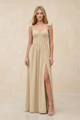 Ruffled Sleeve A-Line Corset Chiffon Bridesmaid Dress in Champagne | KISSBRIDAL