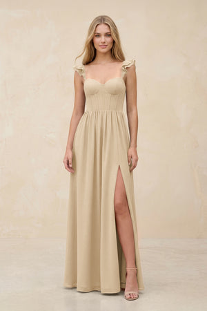 Ruffled Sleeve A-Line Corset Chiffon Bridesmaid Dress in Champagne | KISSBRIDAL