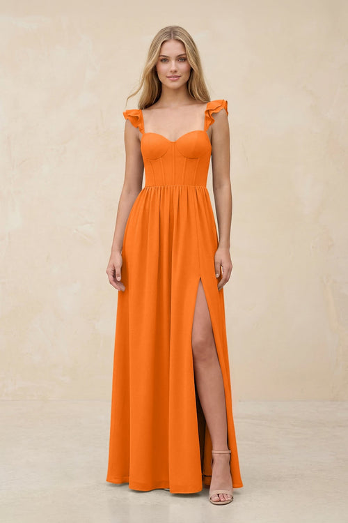 Ruffled Sleeve A - Line Corset Chiffon Bridesmaid Dress in Cinnamon - SHE IS ME Bridesmaid Dresses