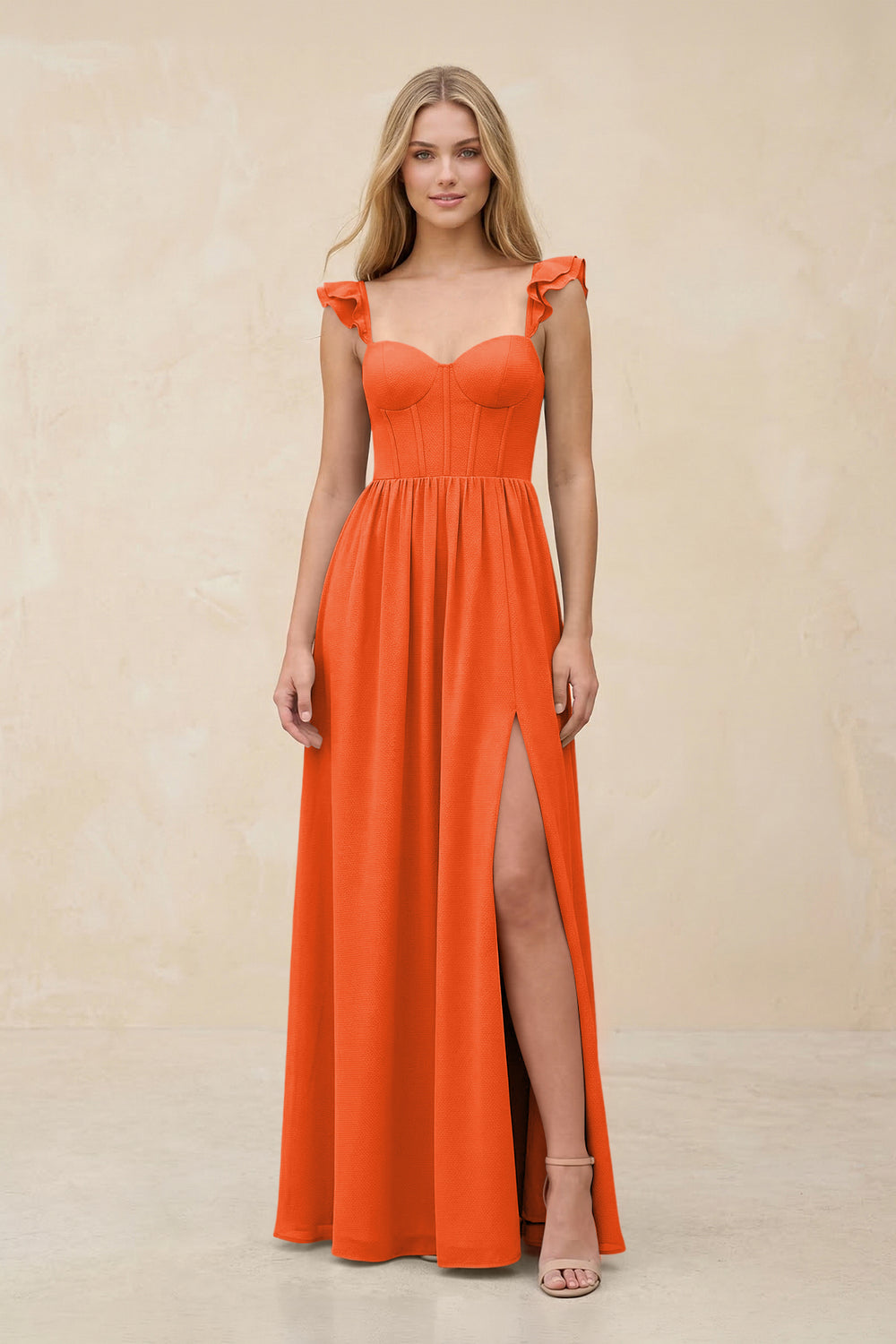 Ruffled Sleeve A-Line Corset Chiffon Bridesmaid Dress in Cinnamon