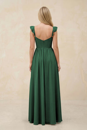Ruffled Sleeve A-Line Corset Chiffon Bridesmaid Dress in Dark Green (2) | KISSBRIDAL