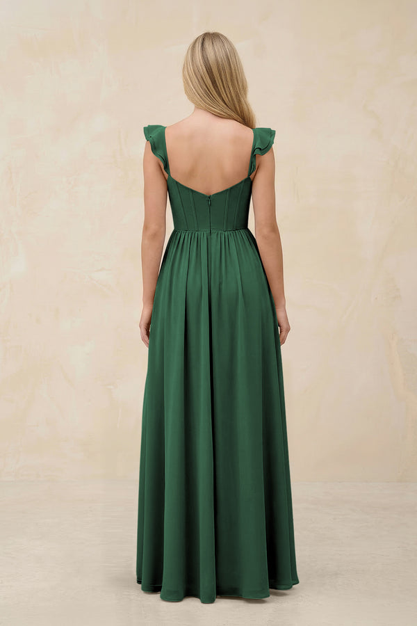 Ruffled Sleeve A-Line Corset Chiffon Bridesmaid Dress in Dark Green (2) | KISSBRIDAL