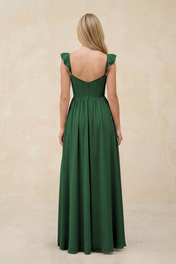 Ruffled Sleeve A - Line Corset Chiffon Bridesmaid Dress in Dark Green - SHE IS ME Bridesmaid Dresses