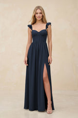 Ruffled Sleeve A - Line Corset Chiffon Bridesmaid Dress in Dark Navy - KISS BRIDAL Bridesmaid Dresses