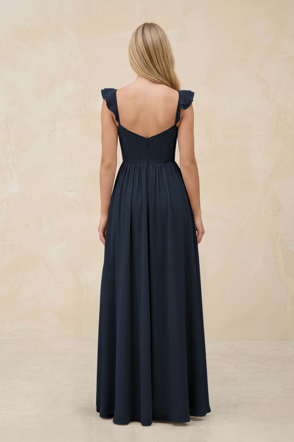 Ruffled Sleeve A - Line Corset Chiffon Bridesmaid Dress in Dark Navy - SHE IS ME Bridesmaid Dresses