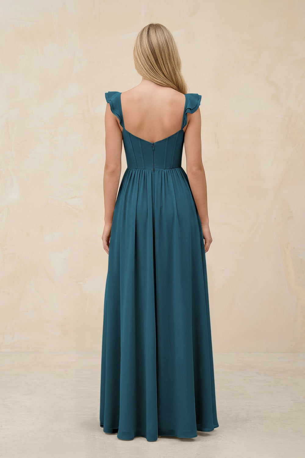 Ruffled Sleeve A - Line Corset Chiffon Bridesmaid Dress in Dark Teal - KISS BRIDAL Bridesmaid Dresses