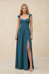 Ruffled Sleeve A - Line Corset Chiffon Bridesmaid Dress in Dark Teal - KISS BRIDAL Bridesmaid Dresses