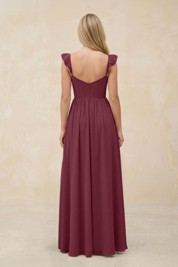 Ruffled Sleeve A-Line Corset Chiffon Bridesmaid Dress in Desert Rose (2) | KISSBRIDAL