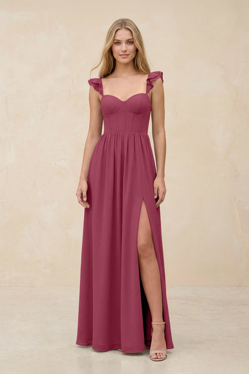 Ruffled Sleeve A - Line Corset Chiffon Bridesmaid Dress in Desert Rose - SHE IS ME Bridesmaid Dresses