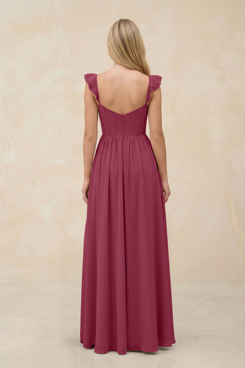 Ruffled Sleeve A - Line Corset Chiffon Bridesmaid Dress in Desert Rose - KISS BRIDAL Bridesmaid Dresses