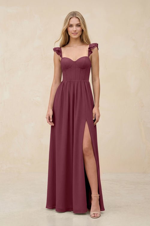 Ruffled Sleeve A-Line Corset Chiffon Bridesmaid Dress in Desert Rose | KISSBRIDAL