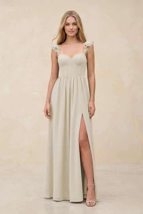 Ruffled Sleeve A - Line Corset Chiffon Bridesmaid Dress in Dove Gray - SHE IS ME Bridesmaid Dresses