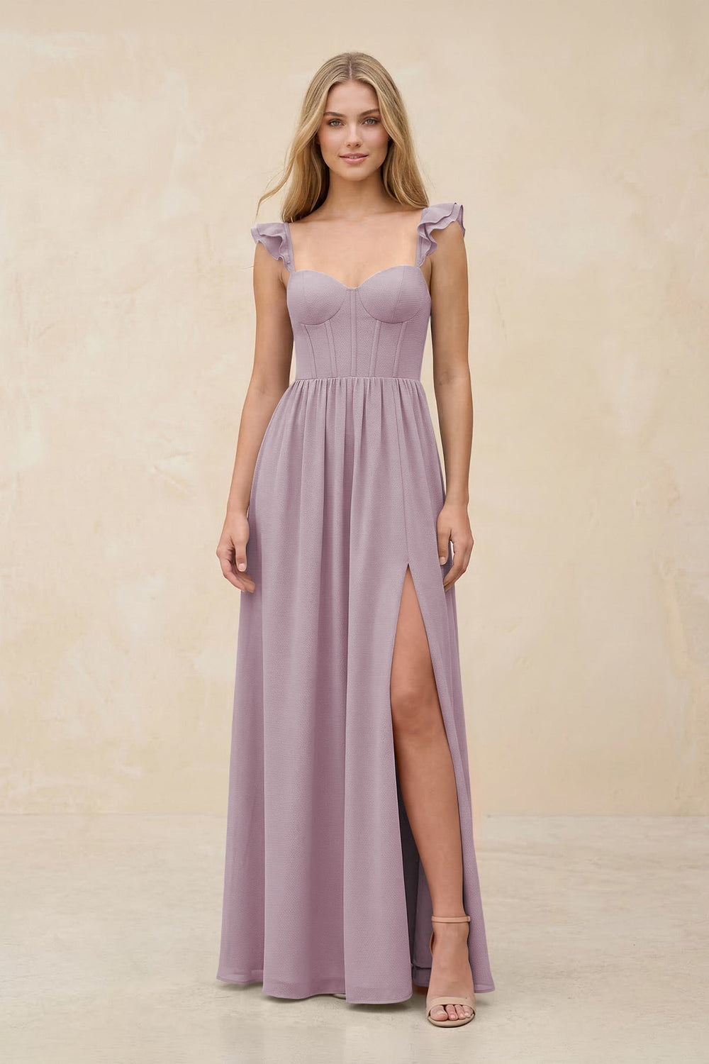 Ruffled Sleeve A - Line Corset Chiffon Bridesmaid Dress in Dusk - KISS BRIDAL Bridesmaid Dresses