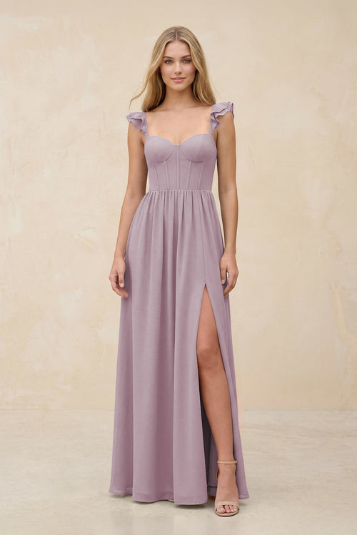 Ruffled Sleeve A - Line Corset Chiffon Bridesmaid Dress in Dusk - SHE IS ME Bridesmaid Dresses