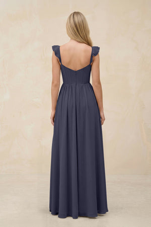 Ruffled Sleeve A - Line Corset Chiffon Bridesmaid Dress in Dusk Blue - SHE IS ME Bridesmaid Dresses