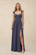 Ruffled Sleeve A - Line Corset Chiffon Bridesmaid Dress in Dusk Blue - SHE IS ME Bridesmaid Dresses
