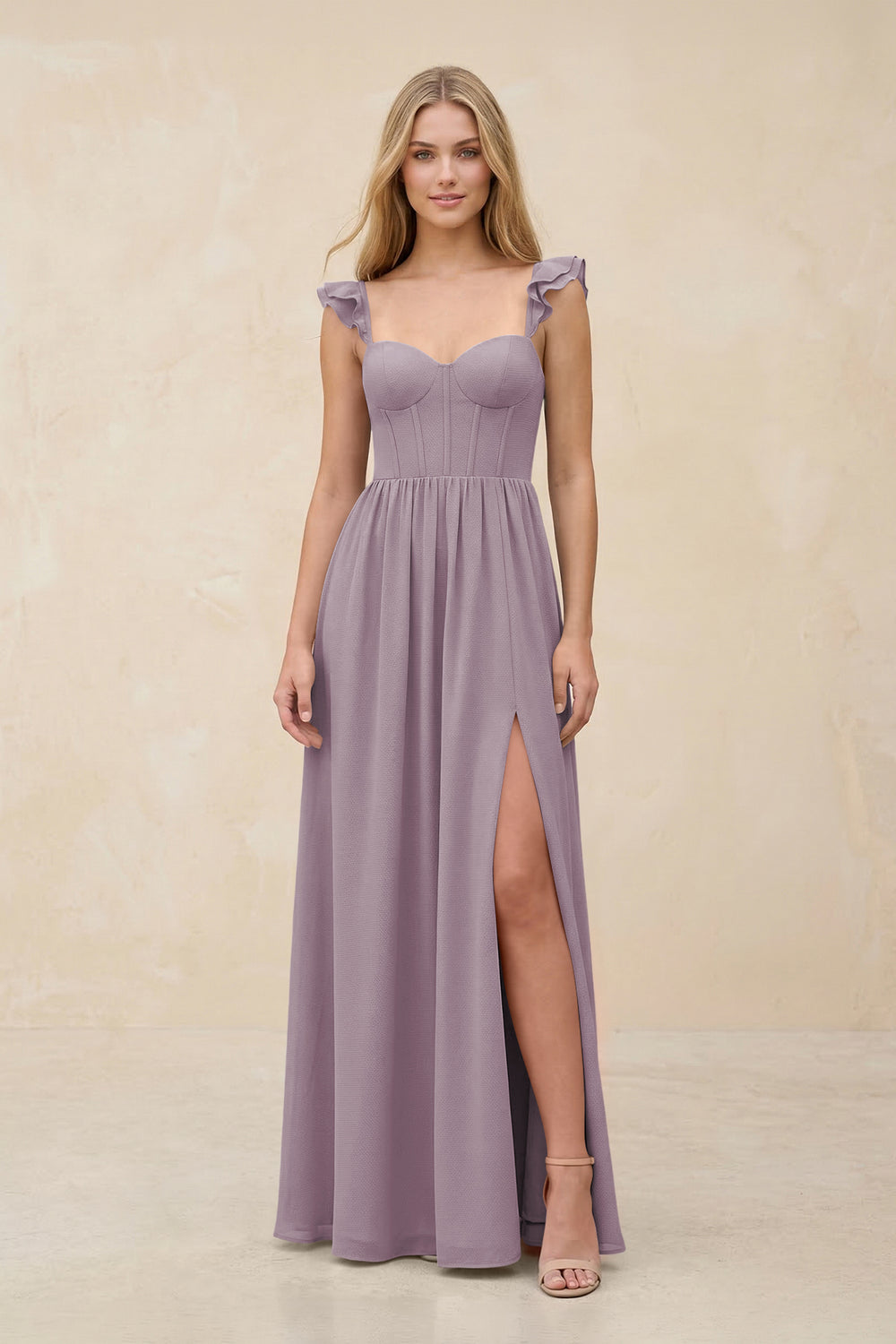 Ruffled Sleeve A-Line Corset Chiffon Bridesmaid Dress in Dusk