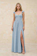 Ruffled Sleeve A - Line Corset Chiffon Bridesmaid Dress in Dusty Blue - SHE IS ME Bridesmaid Dresses