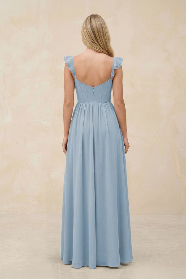 Ruffled Sleeve A - Line Corset Chiffon Bridesmaid Dress in Dusty Blue - SHE IS ME Bridesmaid Dresses