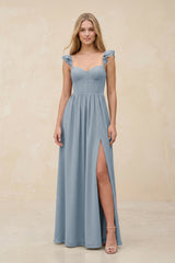 Ruffled Sleeve A-Line Corset Chiffon Bridesmaid Dress in Dusty Blue | KISSBRIDAL