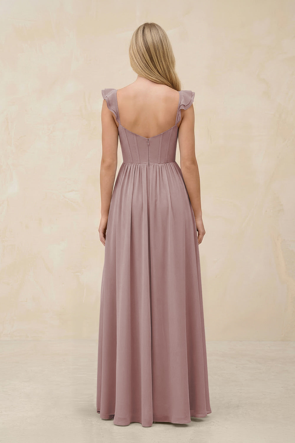 Ruffled Sleeve A-Line Corset Chiffon Bridesmaid Dress in Dusty Rose