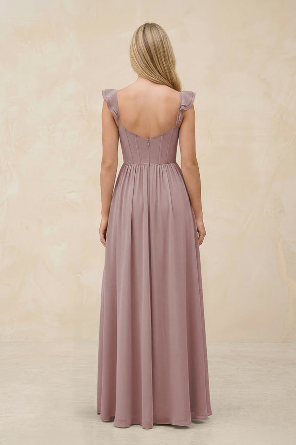 Ruffled Sleeve A-Line Corset Chiffon Bridesmaid Dress in Dusty Rose (2) | KISSBRIDAL