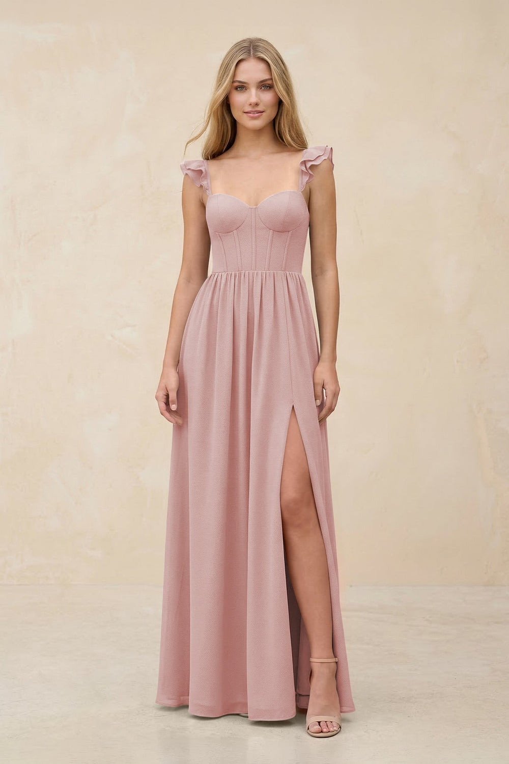 Ruffled Sleeve A - Line Corset Chiffon Bridesmaid Dress in Dusty Rose - KISS BRIDAL Bridesmaid Dresses