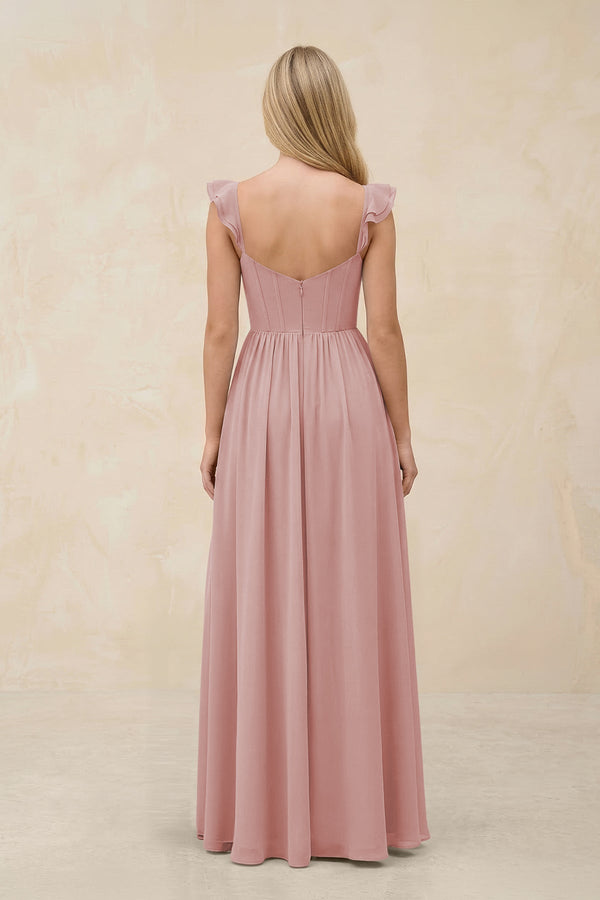Ruffled Sleeve A - Line Corset Chiffon Bridesmaid Dress in Dusty Rose - SHE IS ME Bridesmaid Dresses