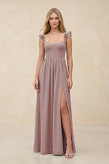 Ruffled Sleeve A-Line Corset Chiffon Bridesmaid Dress in Dusty Rose | KISSBRIDAL