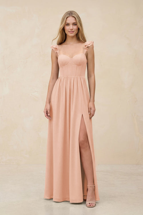 Ruffled Sleeve A - Line Corset Chiffon Bridesmaid Dress in English Rose - SHE IS ME Bridesmaid Dresses