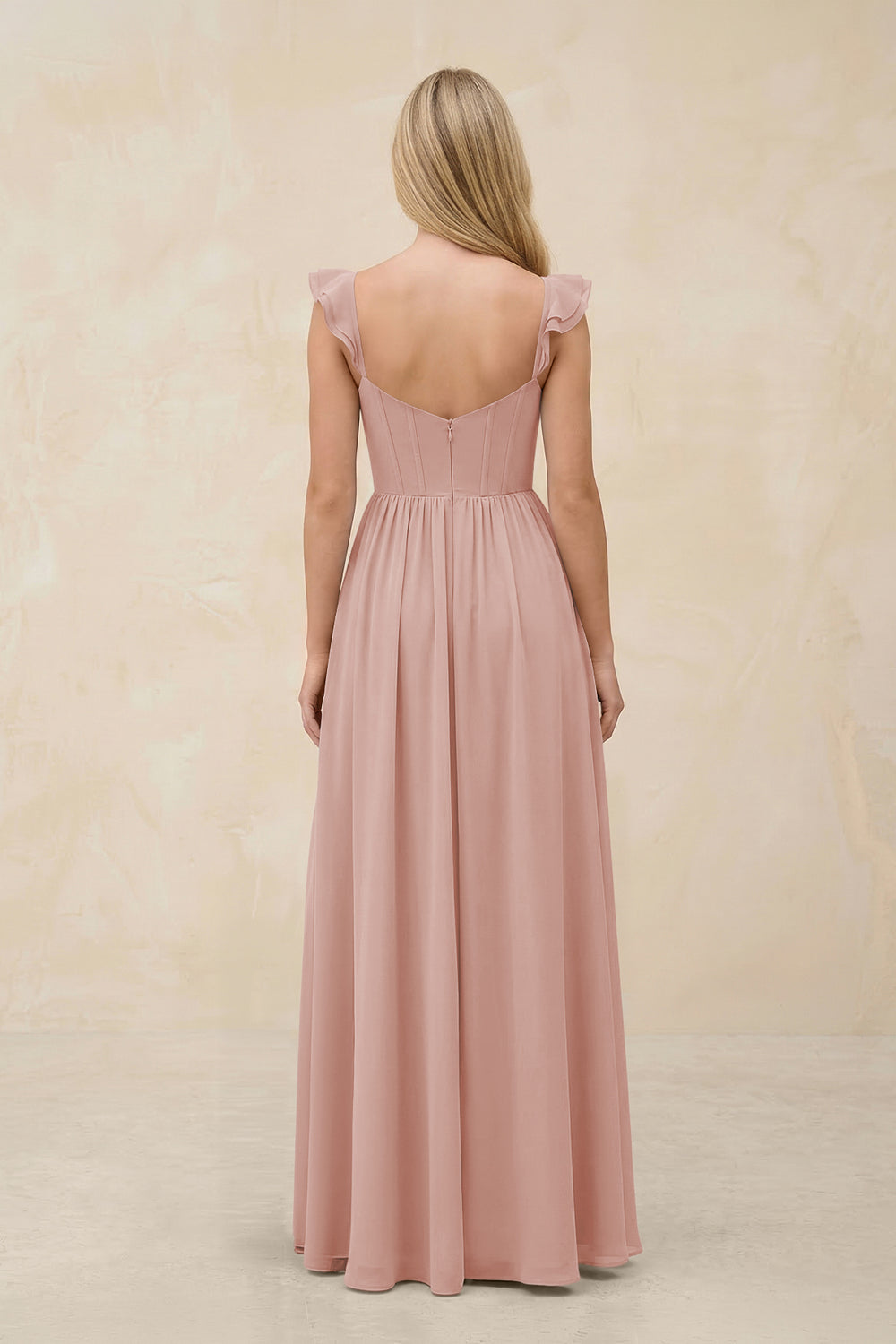Ruffled Sleeve A-Line Corset Chiffon Bridesmaid Dress in English Rose