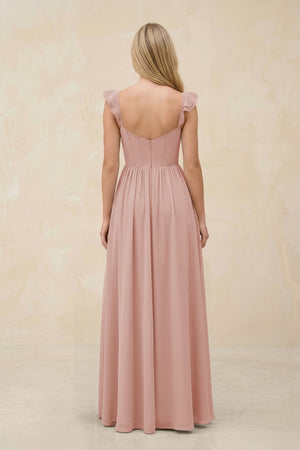 Ruffled Sleeve A-Line Corset Chiffon Bridesmaid Dress in English Rose (2) | KISSBRIDAL