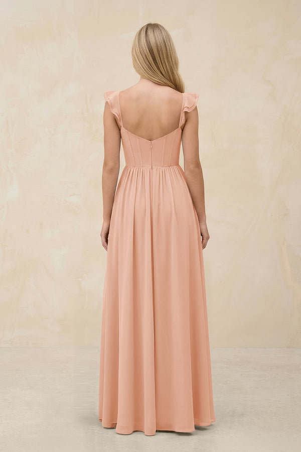 Ruffled Sleeve A - Line Corset Chiffon Bridesmaid Dress in English Rose - SHE IS ME Bridesmaid Dresses