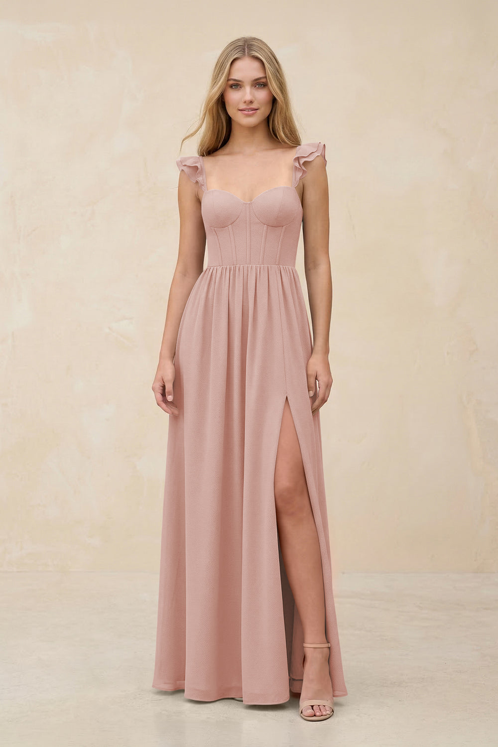 Ruffled Sleeve A-Line Corset Chiffon Bridesmaid Dress in English Rose