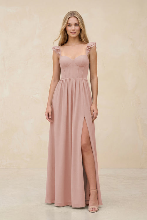 Ruffled Sleeve A-Line Corset Chiffon Bridesmaid Dress in English Rose | KISSBRIDAL