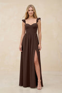 Ruffled Sleeve A - Line Corset Chiffon Bridesmaid Dress in Espresso - SHE IS ME Bridesmaid Dresses