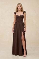Ruffled Sleeve A - Line Corset Chiffon Bridesmaid Dress in Espresso - KISS BRIDAL Bridesmaid Dresses