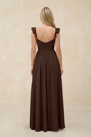 Ruffled Sleeve A - Line Corset Chiffon Bridesmaid Dress in Espresso - SHE IS ME Bridesmaid Dresses