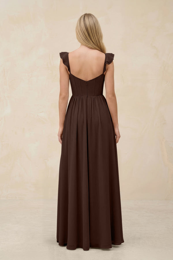 Ruffled Sleeve A - Line Corset Chiffon Bridesmaid Dress in Espresso - SHE IS ME Bridesmaid Dresses