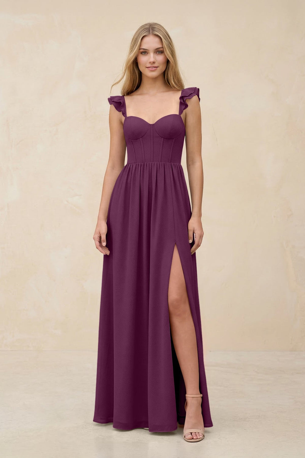 Ruffled Sleeve A - Line Corset Chiffon Bridesmaid Dress in Fig - KISS BRIDAL Bridesmaid Dresses