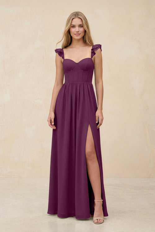 Ruffled Sleeve A - Line Corset Chiffon Bridesmaid Dress in Fig - SHE IS ME Bridesmaid Dresses