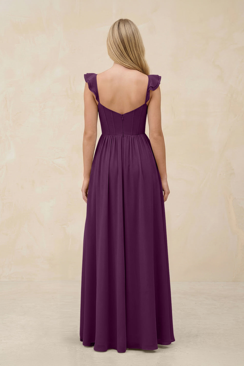Ruffled Sleeve A-Line Corset Chiffon Bridesmaid Dress in Fig