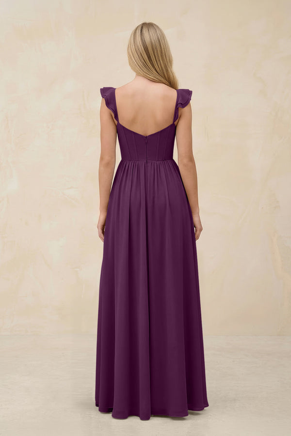 Ruffled Sleeve A-Line Corset Chiffon Bridesmaid Dress in Fig (2) | KISSBRIDAL