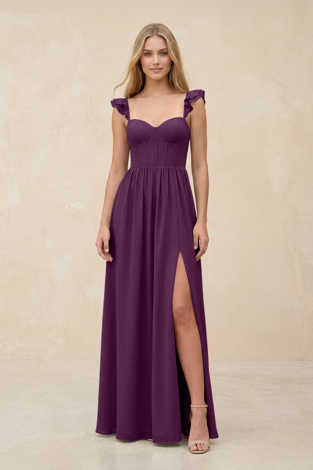 Ruffled Sleeve A-Line Corset Chiffon Bridesmaid Dress in Fig