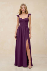 Ruffled Sleeve A-Line Corset Chiffon Bridesmaid Dress in Fig | KISSBRIDAL