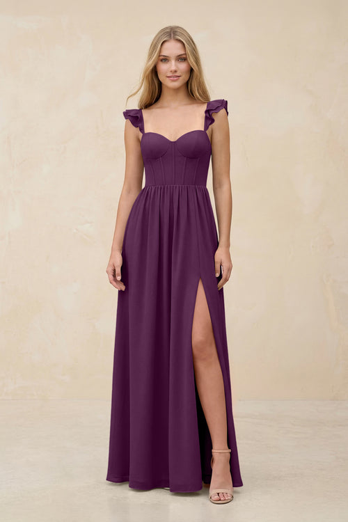 Ruffled Sleeve A-Line Corset Chiffon Bridesmaid Dress in Fig | KISSBRIDAL