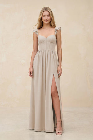 Ruffled Sleeve A - Line Corset Chiffon Bridesmaid Dress in Frost - SHE IS ME Bridesmaid Dresses