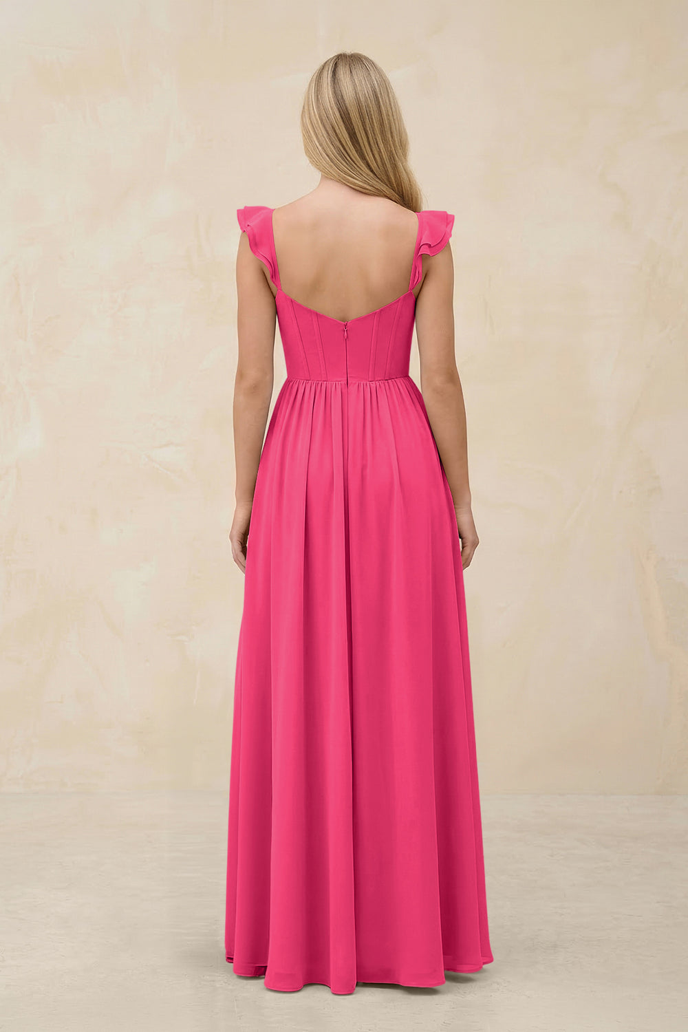 Ruffled Sleeve A-Line Corset Chiffon Bridesmaid Dress in Fuchsia